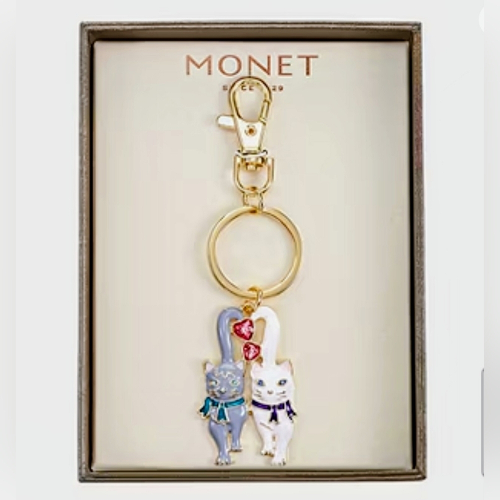 🆕 MONET Cat Friends Enameled/Gemstone Gold Keychain